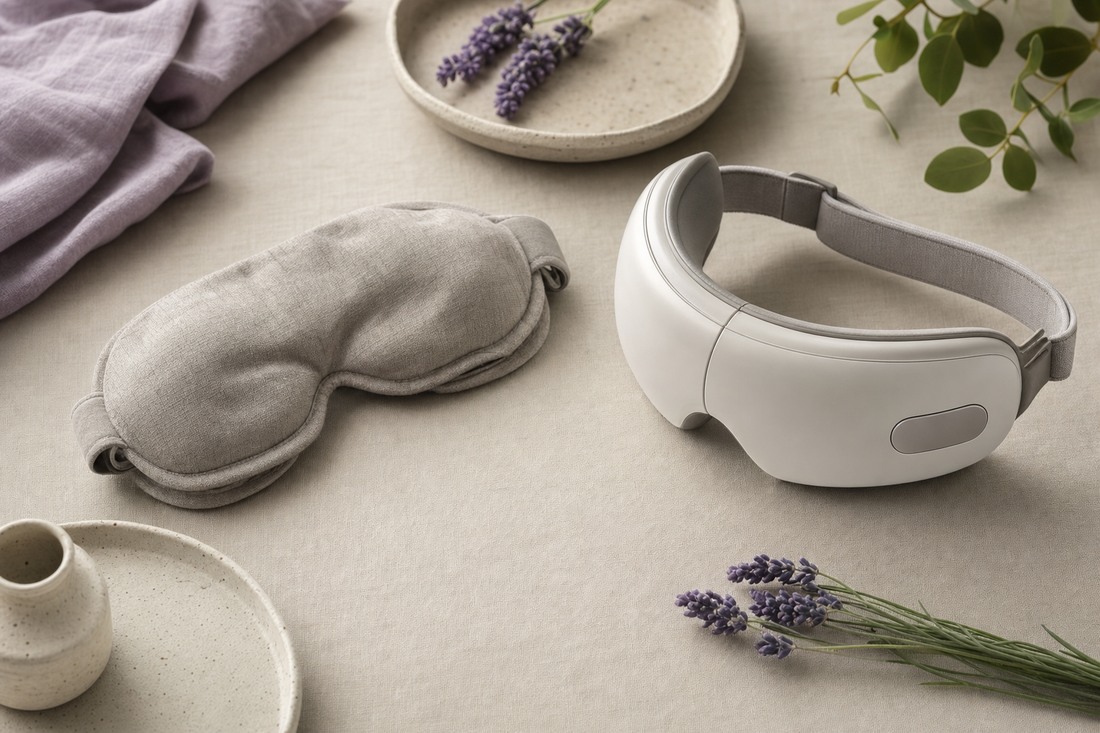 Folded disposable eye mask and a closed rechargeable eye-care device shown side by side on a neutral surface.