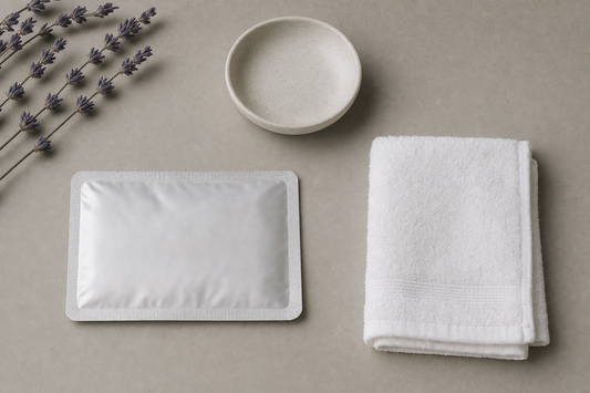 Overhead still life on gray paper: a sealed unbranded disposable eyelid warming mask sachet beside a neatly folded dry white cotton washcloth and a small empty ceramic dish.