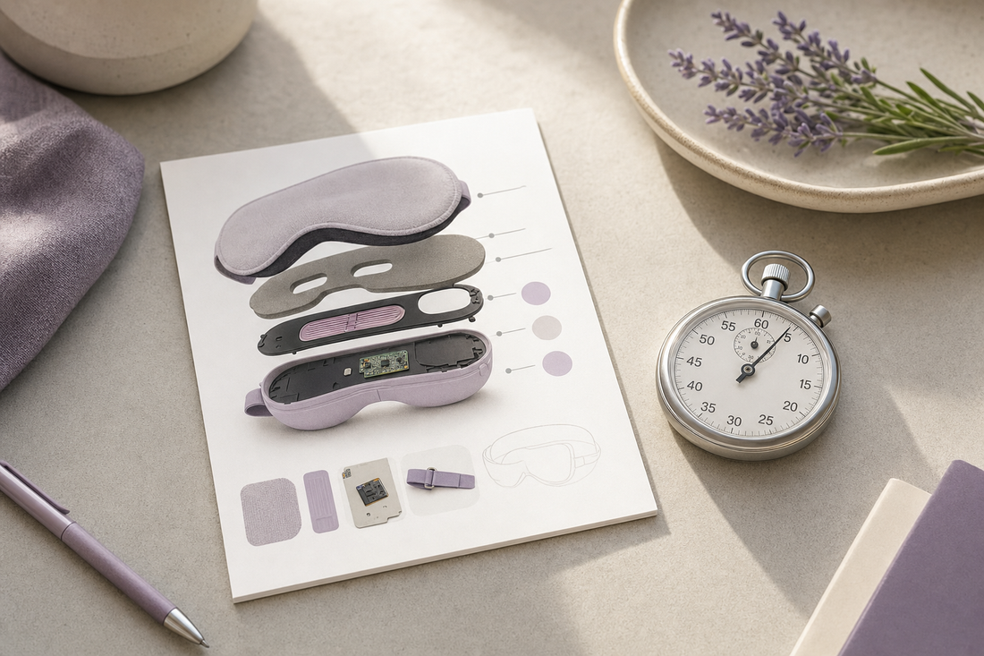 An electric heated eye mask laid beside a timer and spec card on a desk, evoking checking warm-up duration before buying.