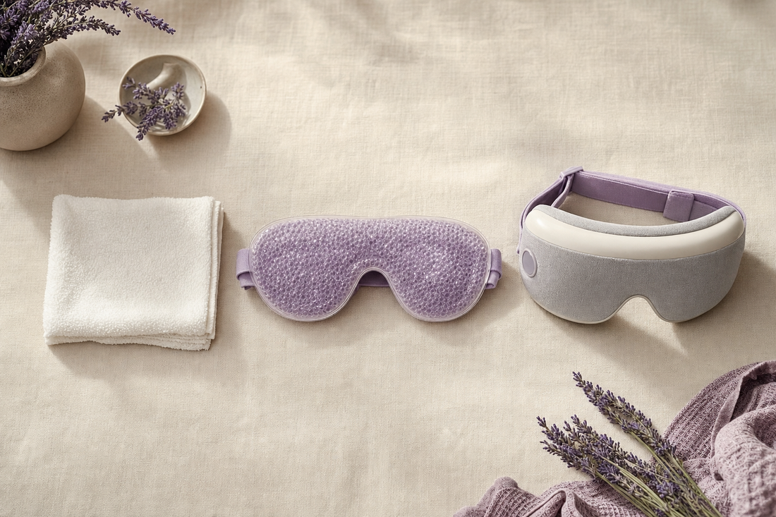 Three eye mask types arranged side by side on linen: a folded cloth, a dry bead mask, and a closed rechargeable mask for comparison.