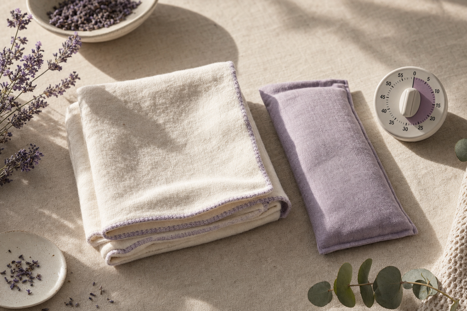 Folded flannel, an unbranded fabric eye-bag pouch, and a timer arranged on linen, evoking a heat-retention comparison for eyelid warming routines.