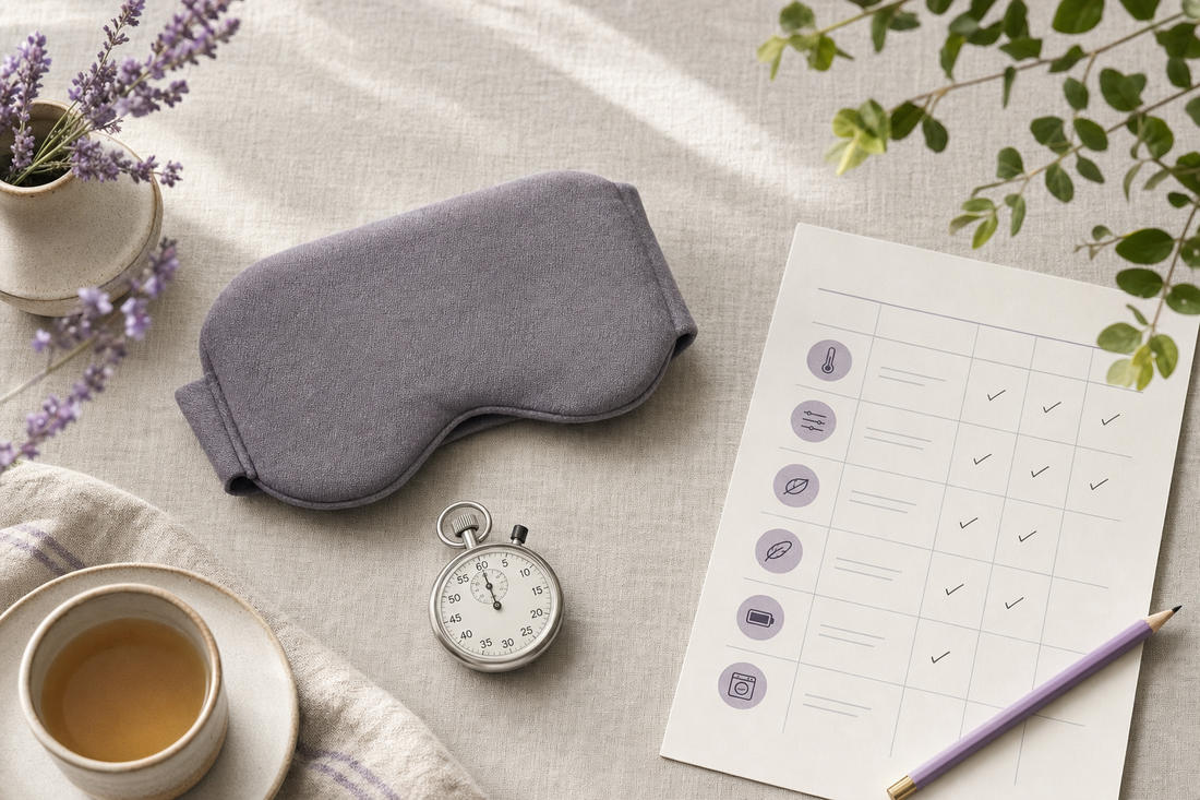 Folded fabric eye mask, stopwatch, and buyer checklist on a desk representing an evidence-based heated eye mask evaluation.