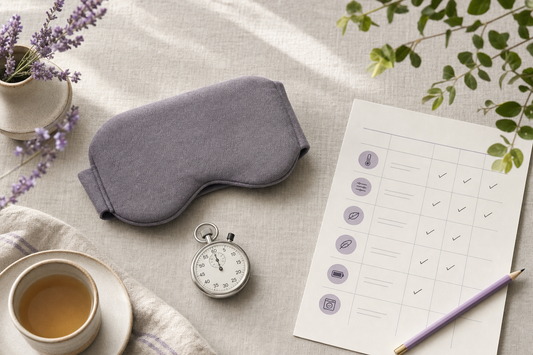 Folded fabric eye mask, stopwatch, and buyer checklist on a desk representing an evidence-based heated eye mask evaluation.