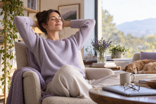 Reader taking a calm break from a screen in a natural room setting.