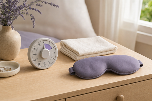 Kitchen timer near four minutes beside a folded dry washcloth, illustrating eyelid warm-up duration research.