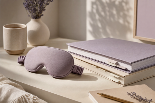 Unbranded warming eye mask beside closed reference folders on a desk, symbolizing the line between home comfort and clinical care.