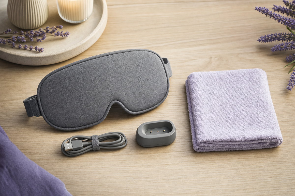 Unbranded rechargeable eye mask with charging cable beside a neatly folded cotton washcloth on a wooden desk.