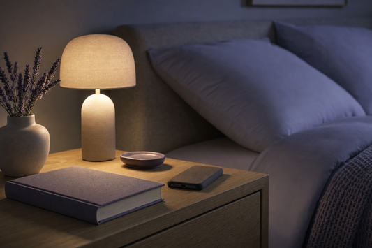 Dim bedroom nightstand with a face-down phone, closed book, and warm lamp glow suggesting a quiet, screen-free wind-down before sleep.