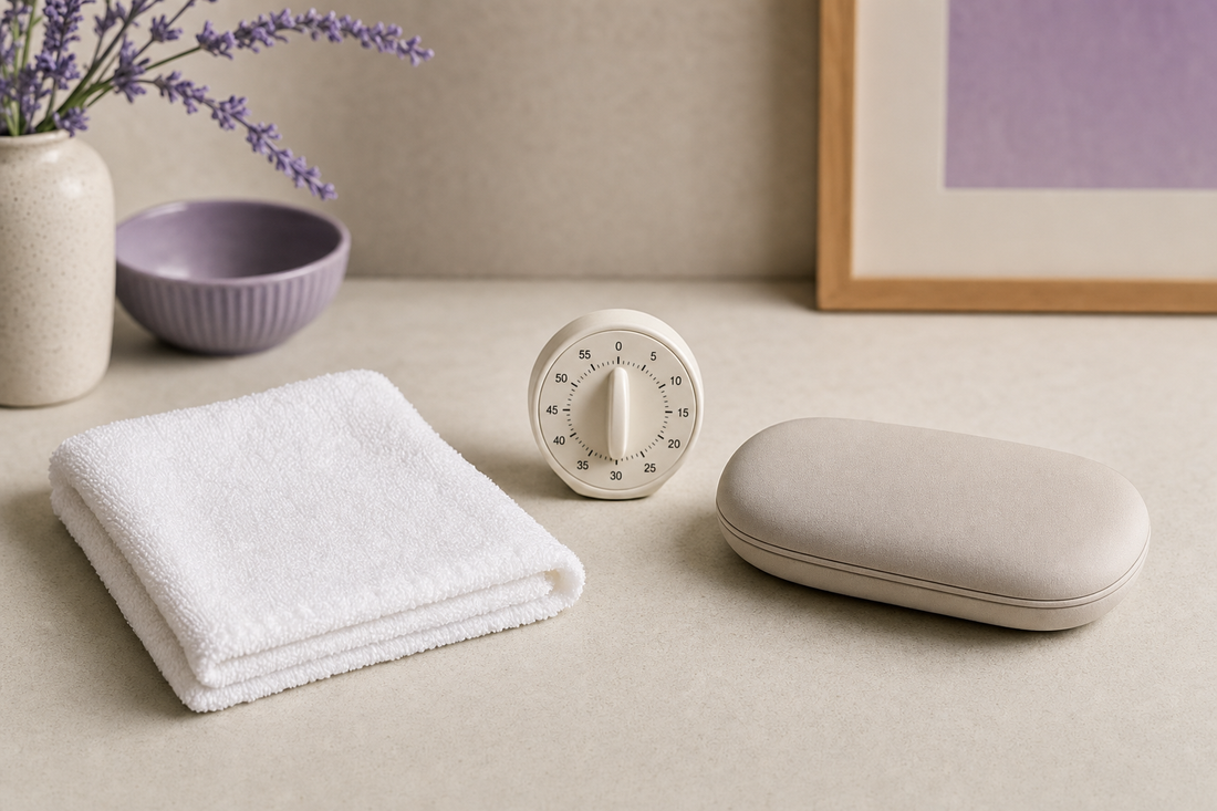 Folded washcloth, kitchen timer, and closed eye mask case on a counter representing DIY versus automated warm compress choices.