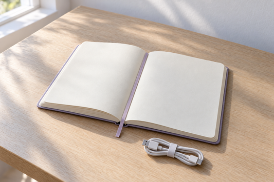 Illustrative blank notebook and USB cable on a desk; no Bob and Brad or Beminda product is shown.