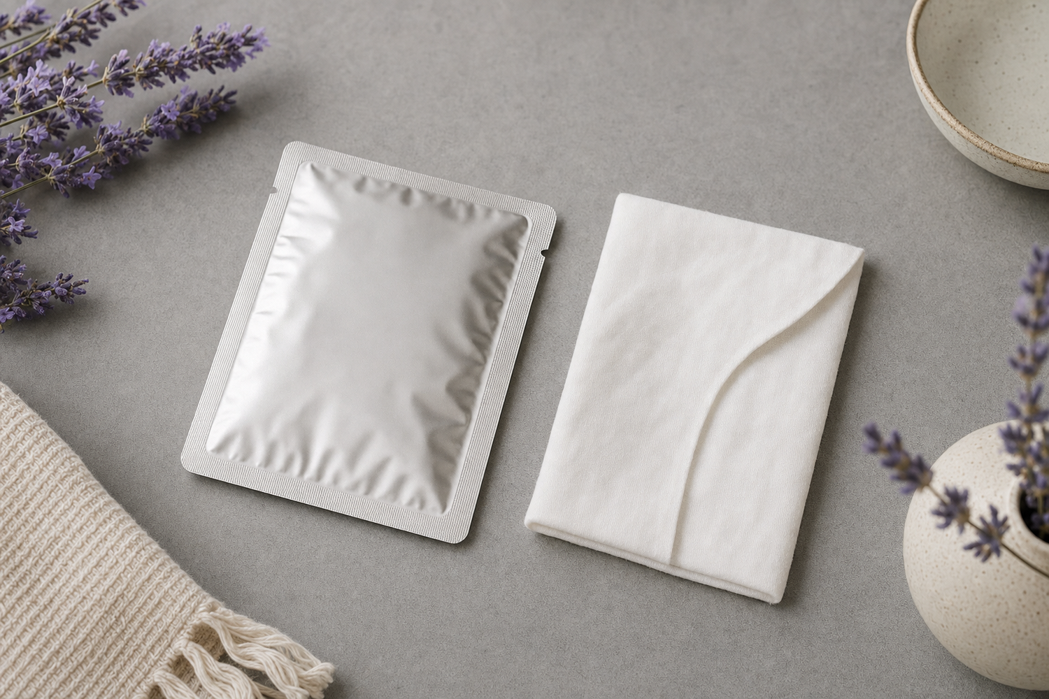 Flat lay of an unbranded single-use warming eye mask packet beside a folded cloth on a neutral surface, evoking a comparison of eye-comfort formats.