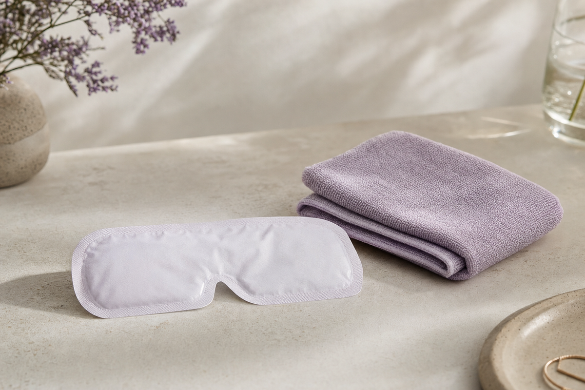 Unopened disposable warming eye mask pouch next to a neatly folded dry washcloth on a plain desk surface.