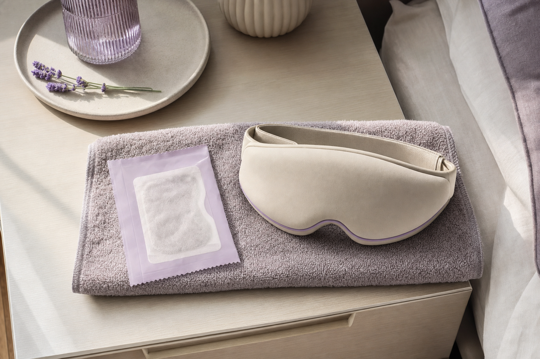 Disposable eye compress packet and closed rechargeable eye mask resting side by side on a nightstand towel.