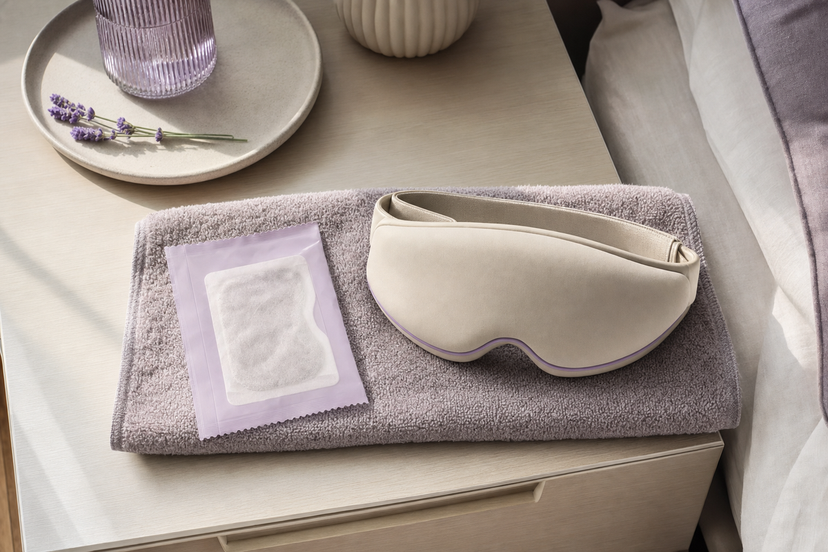 Disposable eye compress packet and closed rechargeable eye mask resting side by side on a nightstand towel.