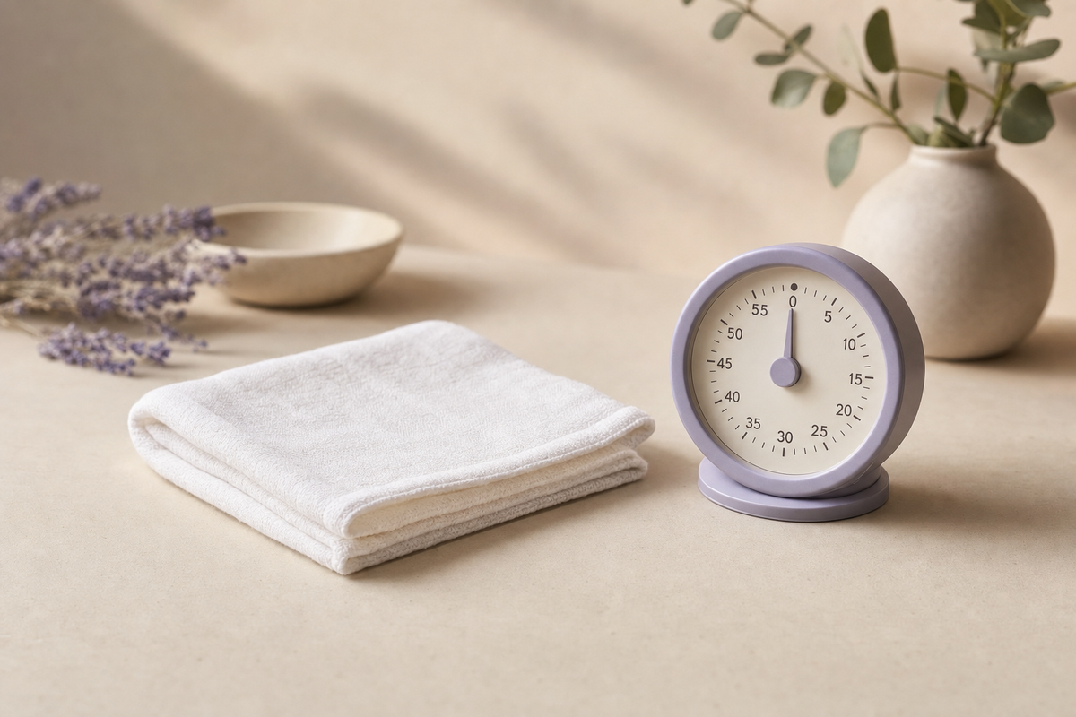 Folded cotton washcloth beside a small analog timer on a plain counter, evoking mindful compress duration and gentle handling.