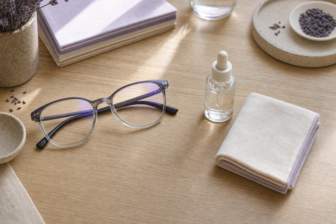Computer glasses resting next to a folded cloth and dropper bottle on a desk, representing two eye-comfort approaches.