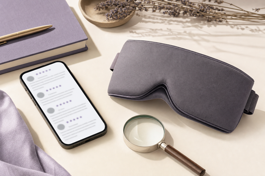 Flat-lay of a phone showing blurred star reviews, a magnifying glass, and a folded unbranded heated eye mask on a desk.