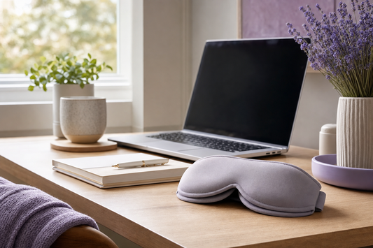 A folded cordless eye mask rests on a desk beside a dimmed laptop, suggesting a paused midday work break.