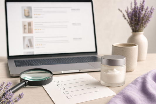 Magnifying glass and checklist beside an unbranded eye cream jar and laptop showing a blurred online review list