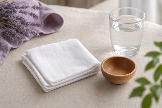 Neatly folded cotton cloth beside a wooden bowl and glass of water on linen, evoking a calm daily eye-care routine.