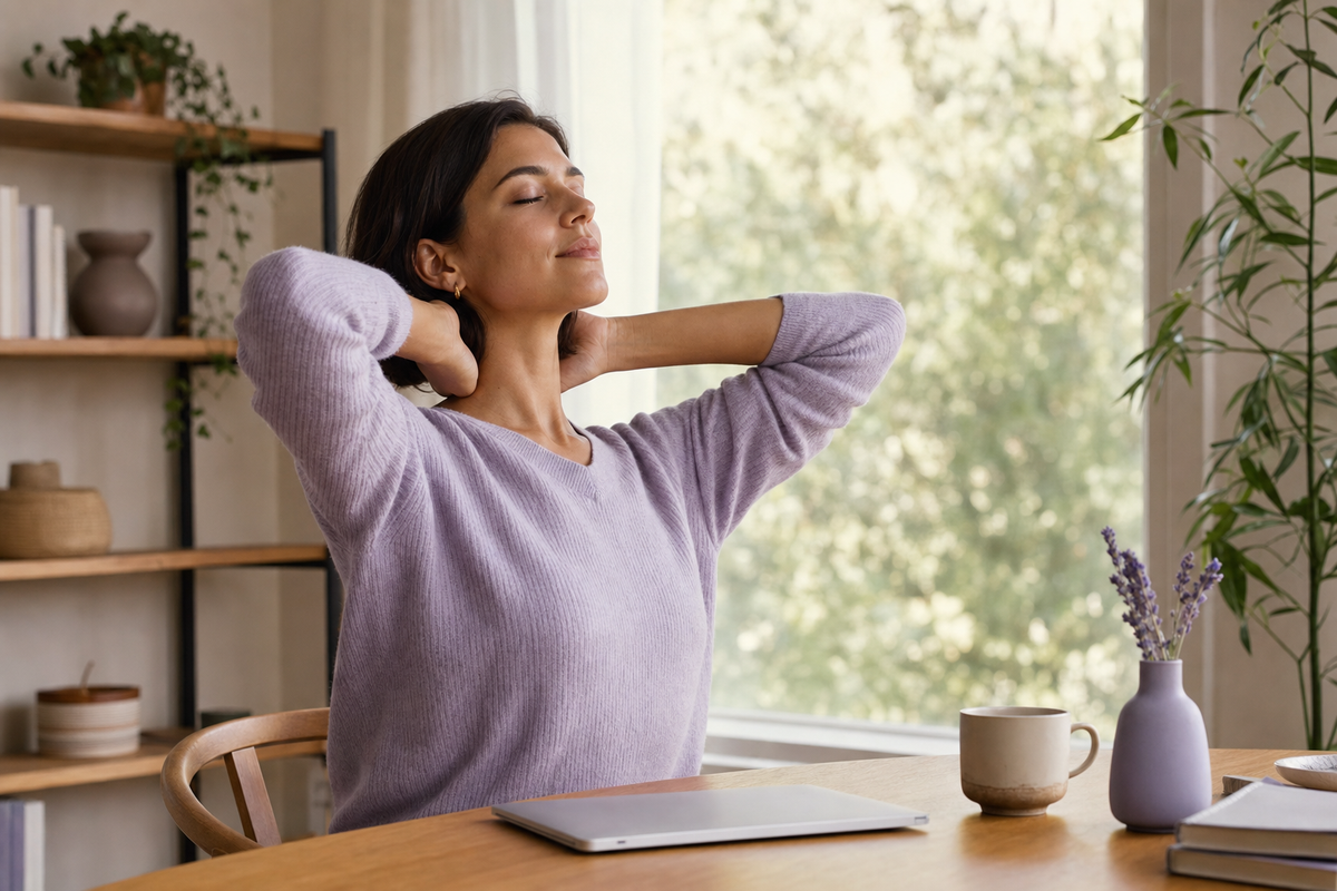 Reader taking a calm break from a screen in a natural room setting.