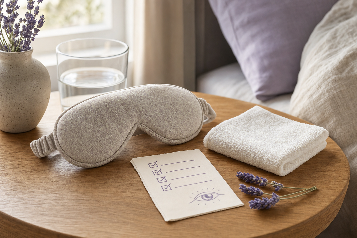 Folded neutral eye mask and cotton cloth beside a handwritten eye-comfort checklist on a wooden nightstand in soft morning light.