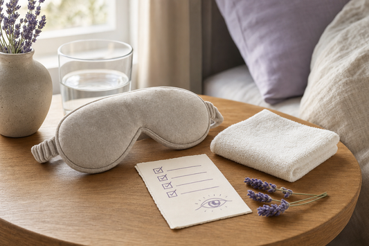 Folded neutral eye mask and cotton cloth beside a handwritten eye-comfort checklist on a wooden nightstand in soft morning light.