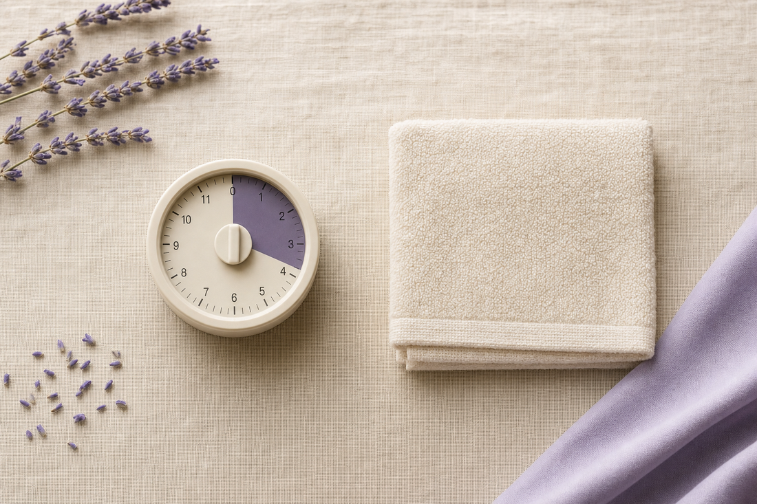 Kitchen timer near the four-minute mark beside a plainly folded dry cotton washcloth on a linen surface