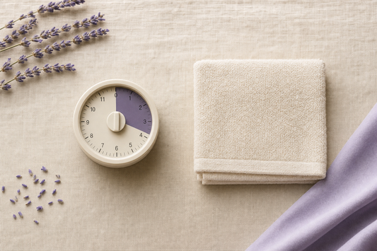 Kitchen timer near the four-minute mark beside a plainly folded dry cotton washcloth on a linen surface