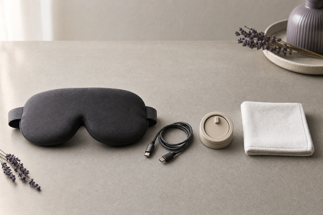 Plain fabric eye mask, coiled USB-C cable, small analog timer and neatly folded white washcloth arranged on a matte gray desktop in soft daylight