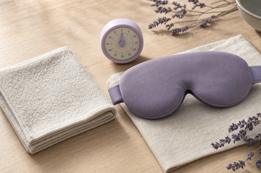 Folded plain washcloth beside an unbranded reusable eye mask and a timer on a neutral surface, evoking a heat-retention comparison.
