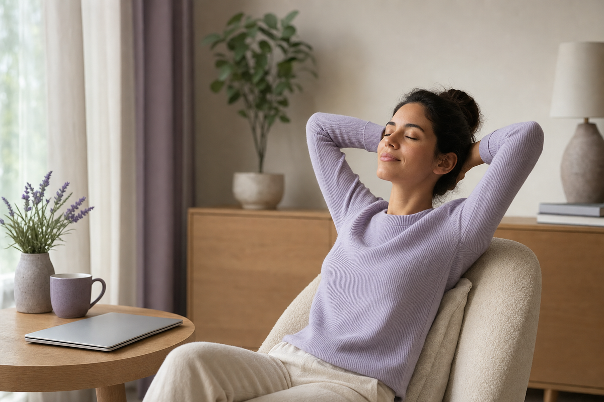 Reader taking a calm break from a screen in a natural room setting.