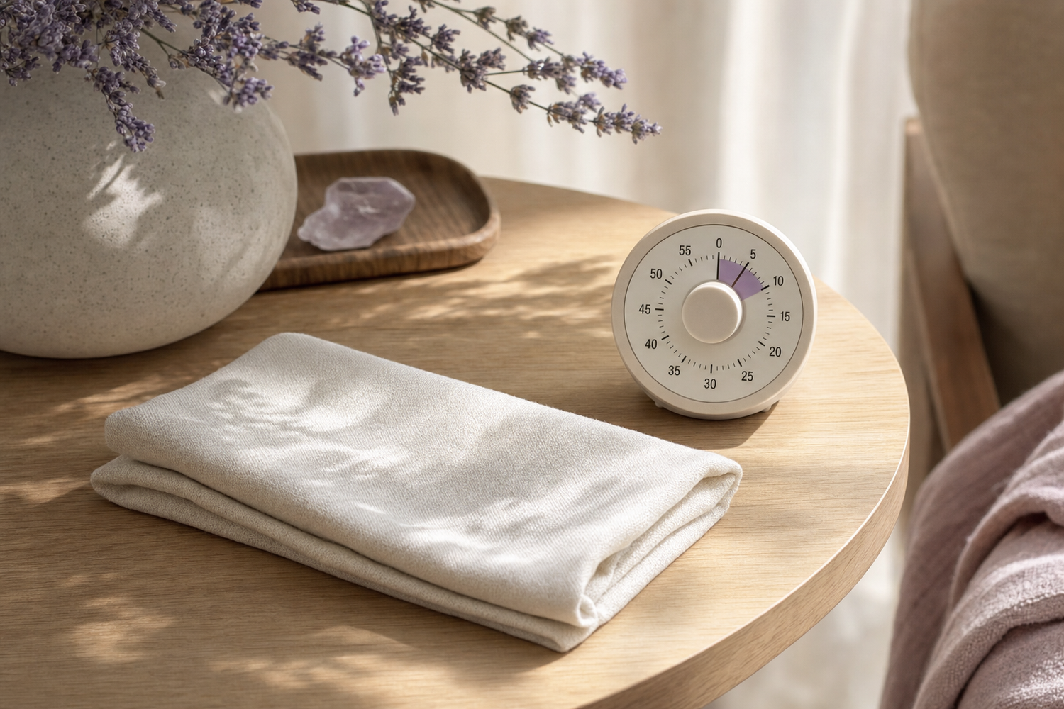 Folded cotton eye compress cloth beside a timer set near eight minutes on a wood table, no steam or moisture visible.