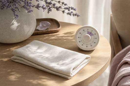 Folded cotton eye compress cloth beside a timer set near eight minutes on a wood table, no steam or moisture visible.