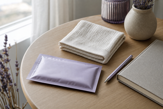 Unopened disposable warming eye mask packet beside a folded dry washcloth and notebook on a wooden table.