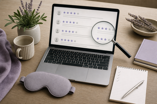 Magnifying glass over a laptop review list beside a folded cloth eye mask and checklist notepad on a desk.