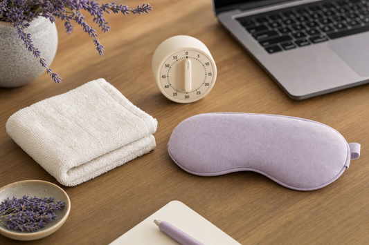 Folded washcloth, unbranded eye mask pouch, and a timer on a desk suggesting a timed daily eye-comfort routine.