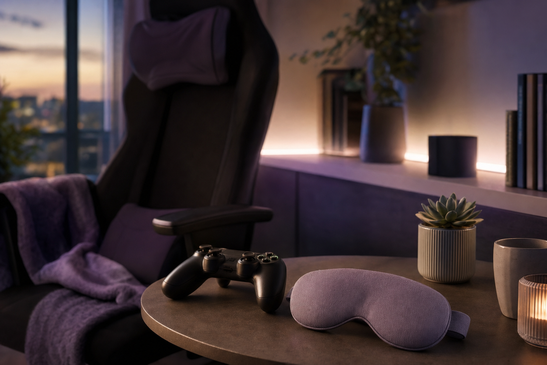 Controller and folded eye mask resting on a table in a dim gaming room, suggesting a calm post-session wind-down.