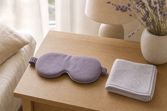 Folded eye mask beside a neatly folded washcloth on a nightstand, illustrating gentle material and design comparison.