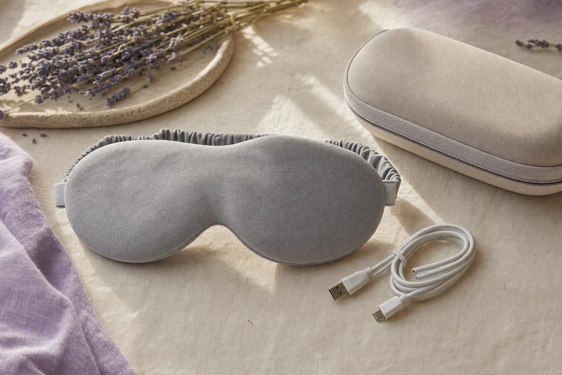 Folded fabric eye mask and coiled charging cable on linen, representing a premium eye-comfort accessory category scene.