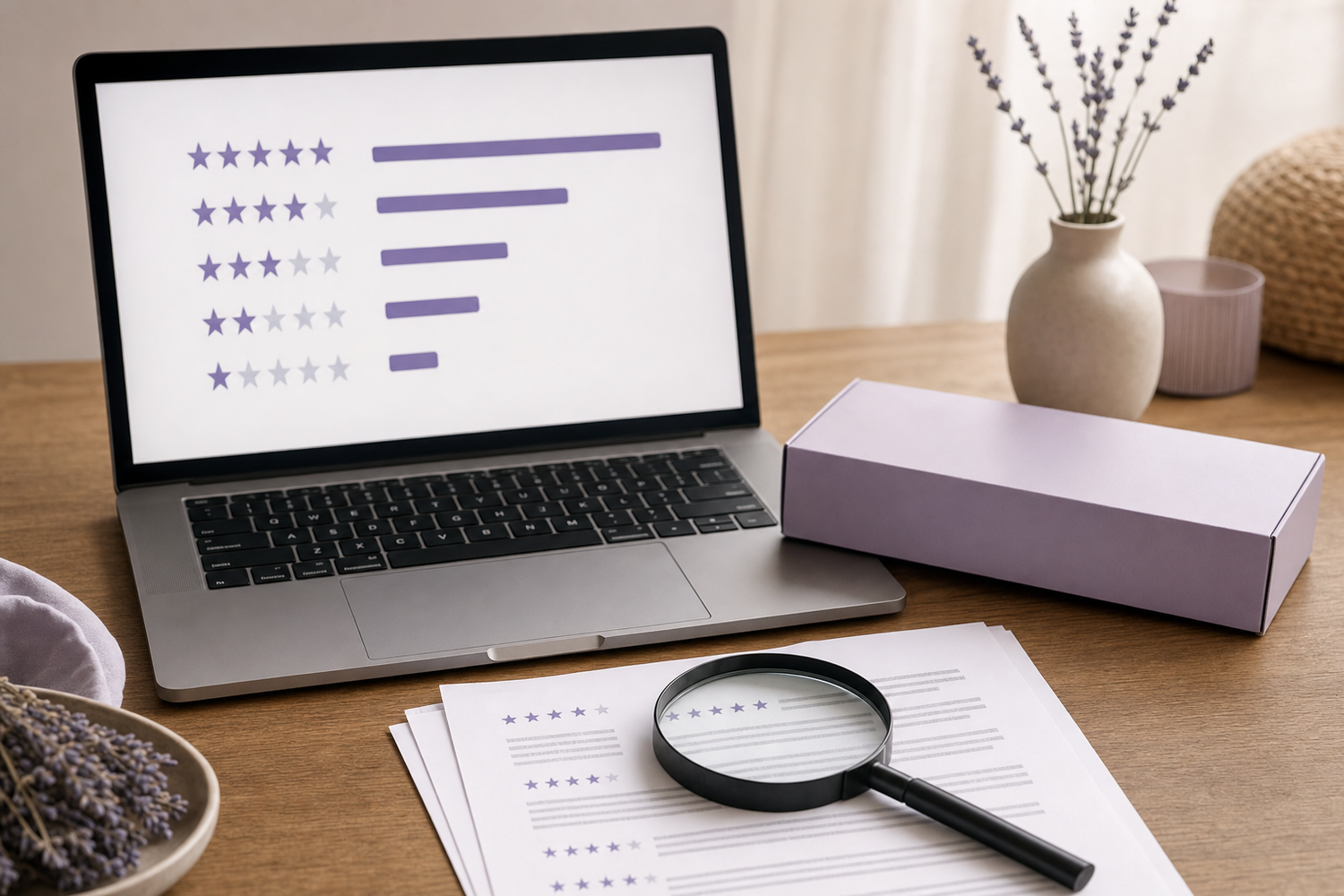 Magnifying glass over printed review pages beside a closed eye mask box and laptop showing star ratings on a desk.