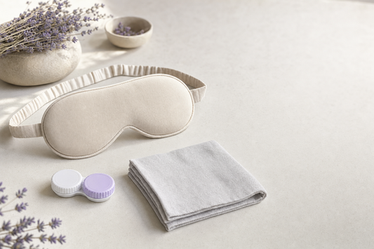 Plain unbranded fabric eye mask lying flat beside a closed contact lens case and a neatly folded gray cloth on a pale tabletop.