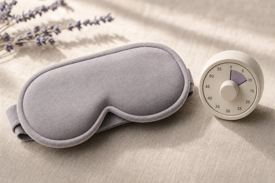 Folded fabric eye mask beside an analog timer set near twelve minutes on a neutral linen surface.