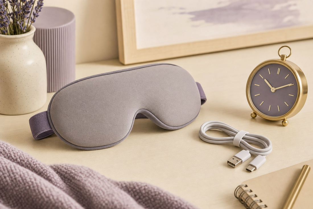 Unbranded cordless eye mask beside a coiled charging cable and travel clock on a neutral desk, suggesting portability.