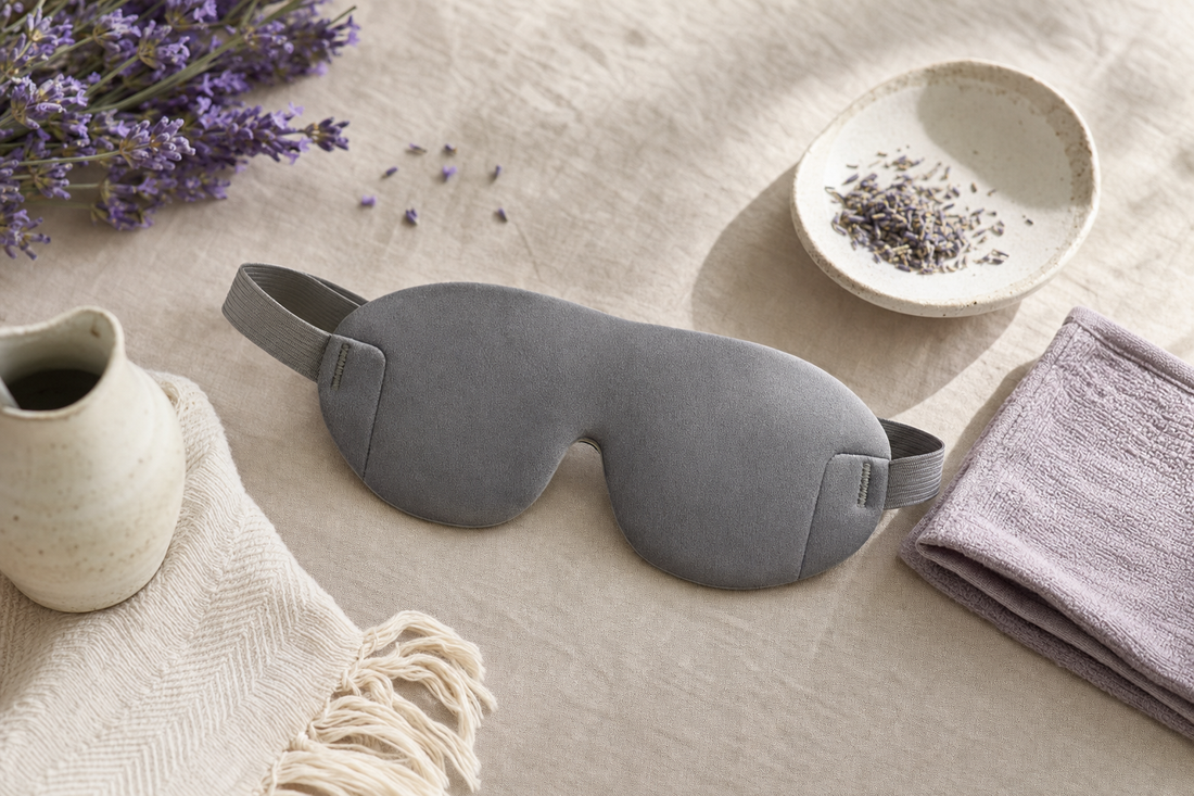 Unbranded steam-style eye mask and a folded dry washcloth arranged on linen, illustrating the heated steam eye mask category.