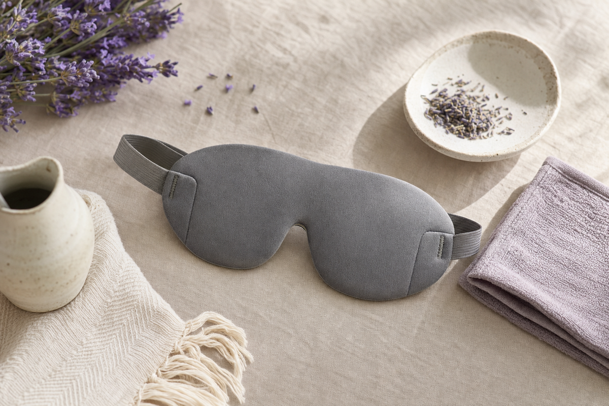 Unbranded steam-style eye mask and a folded dry washcloth arranged on linen, illustrating the heated steam eye mask category.