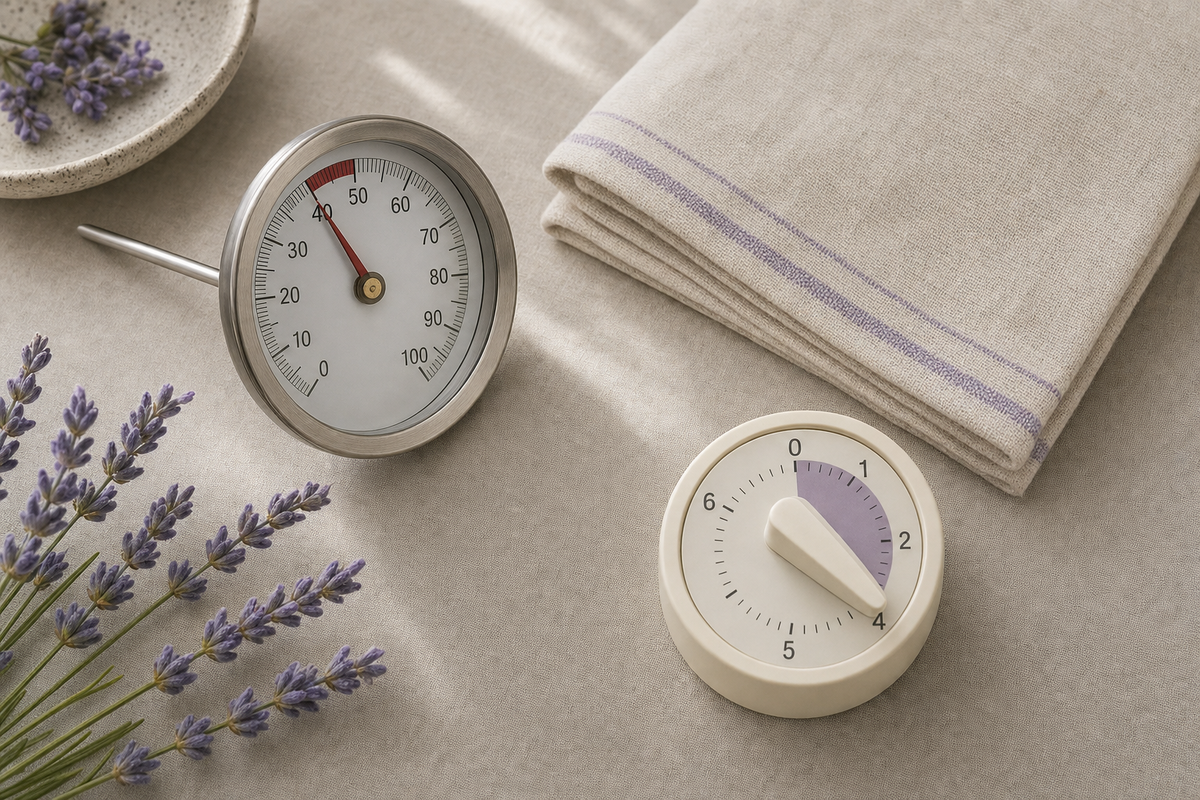 Analog thermometer, folded cloth, and a four-minute timer arranged on linen, evoking eyelid-warming temperature and timing research.
