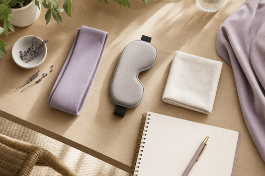 Three unbranded heating eye mask styles and a simply folded washcloth arranged beside a notepad for side-by-side comparison.