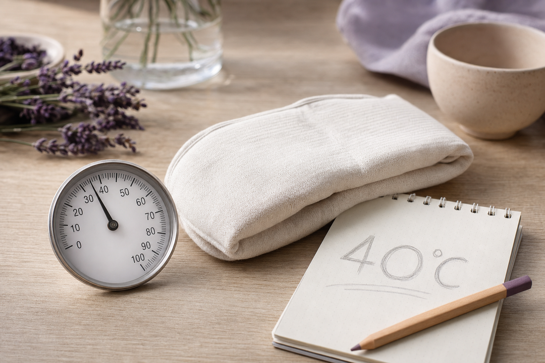 Analog thermometer beside a folded dry eye compress on a desk, evoking research into safe warm-compress temperature.