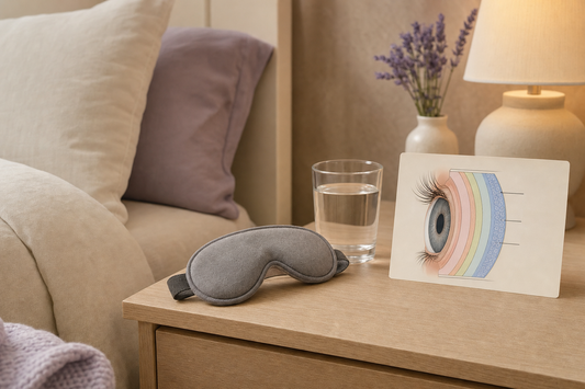Folded gray eye mask and eye tear-film diagram card on a wooden nightstand, illustrating the science behind moist heat eye comfort.
